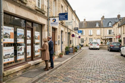Vue d'une rue animée des Deux-Sèvres avec des vitrines d'agences immobilières et un couple consultant les annonces