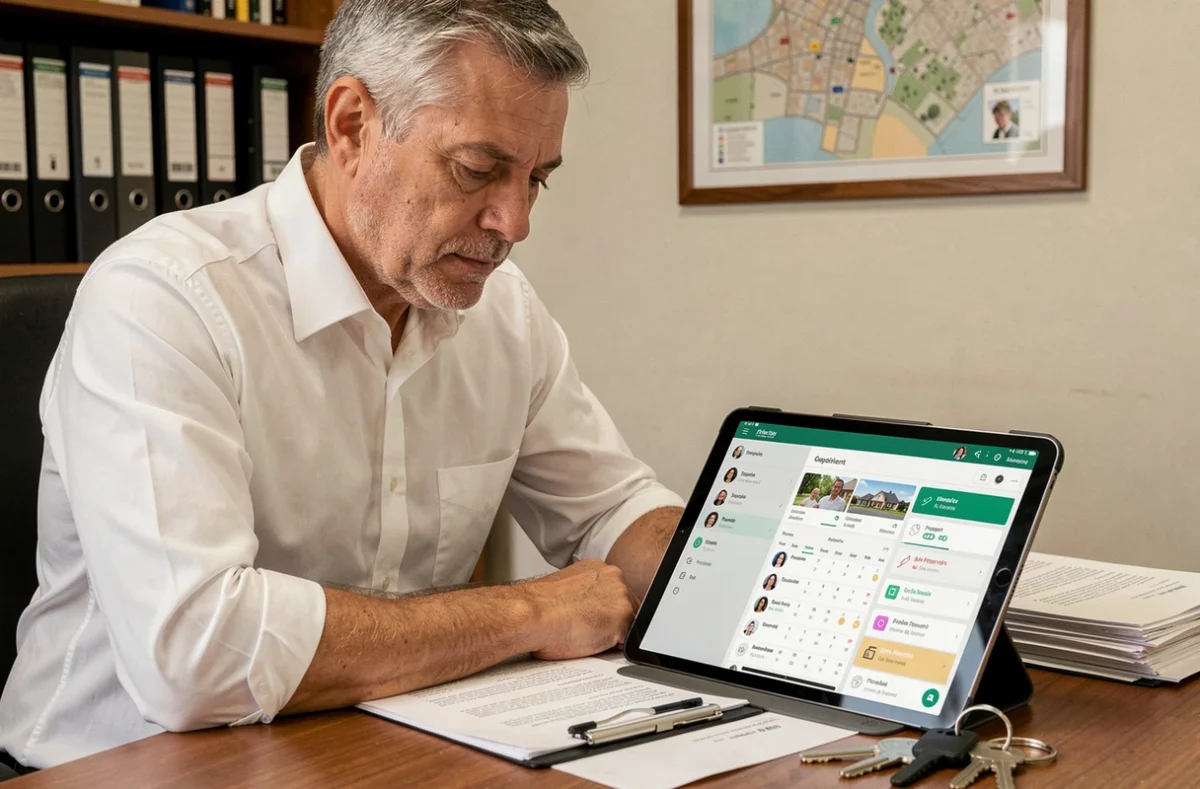 Agent immobilier consultant un logiciel CRM immobilier sur tablette dans son bureau