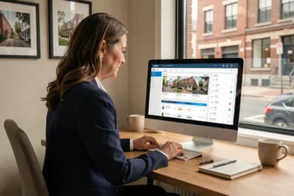 Agent immobilier utilisant un logiciel de gestion immobilière sur ordinateur dans une petite agence