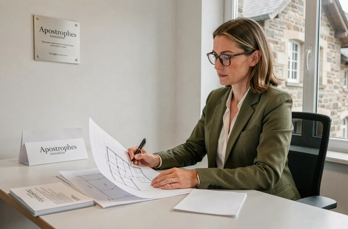 Agente d'Apostrophes Immobilier examinant des plans architecturaux dans le bureau de l'agence dans les Vosges