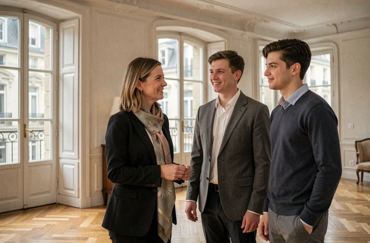 Agente de Century 21 Immobilière Weibel faisant visiter un appartement haussmannien à Strasbourg à un jeune couple