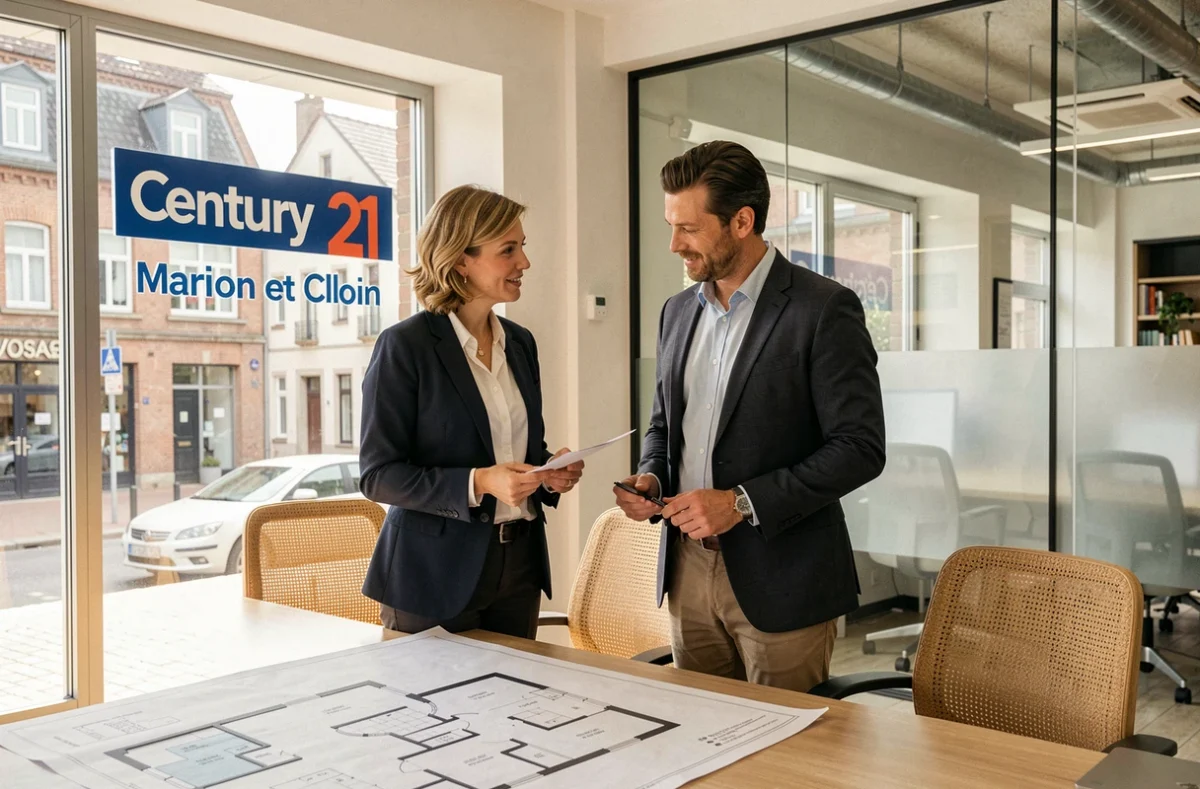 Deux agents de l'agence Century 21 Marion et Colin examinant un plan de propriété dans leur bureau des Vosges