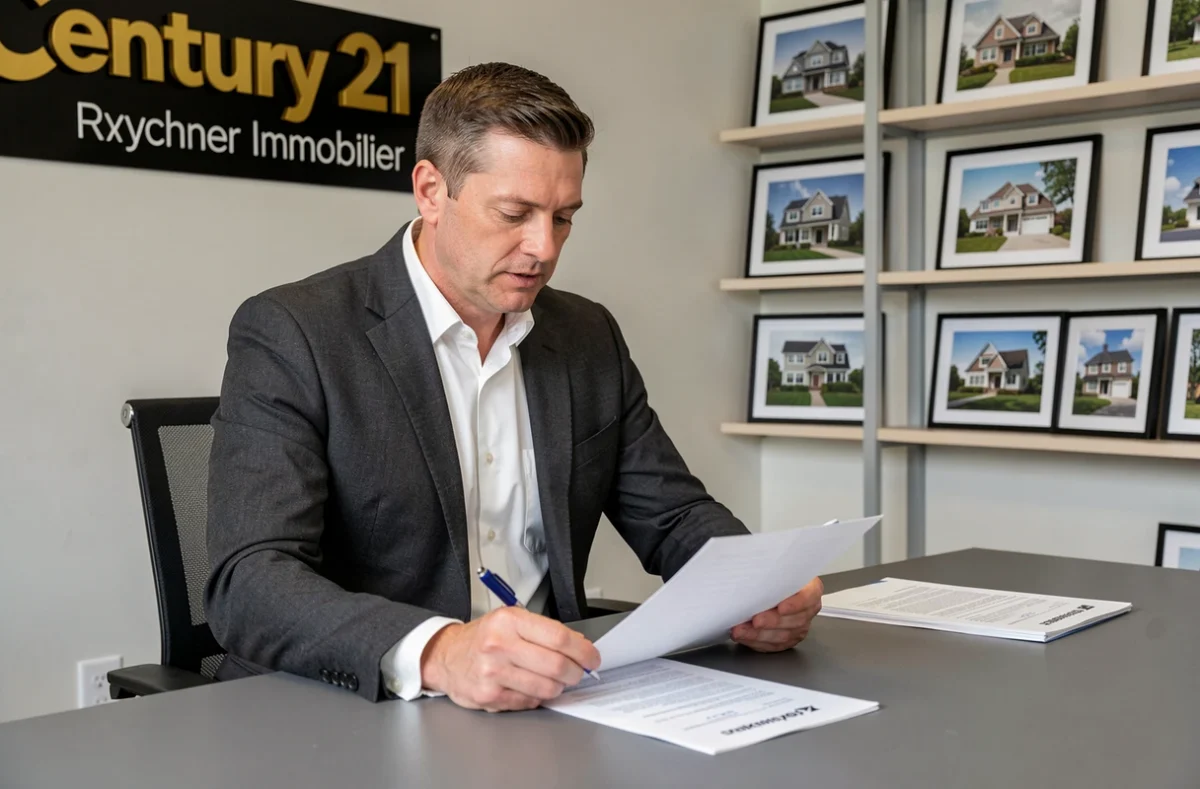 Conseiller immobilier de Century 21 Rychner Immobilier consultant des documents de propriété dans son bureau