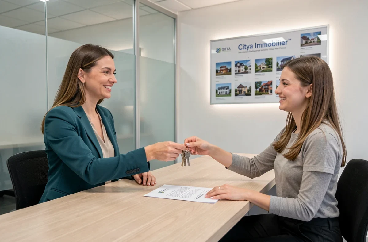 Gestionnaire Citya Immobilier Metz remettant les clés d'un appartement à une locataire avec contrat signé