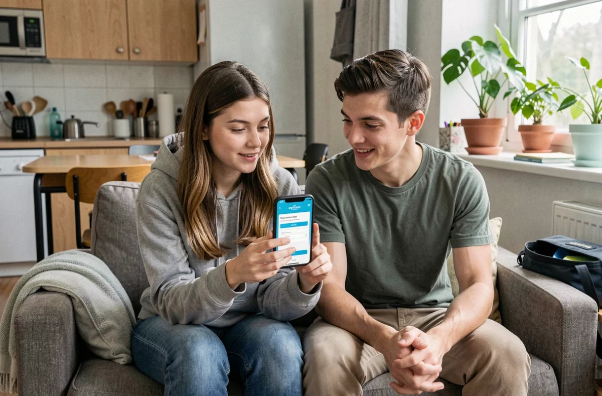 Deux colocataires étudiants comparant des offres d'assurance habitation sur un smartphone dans leur studio