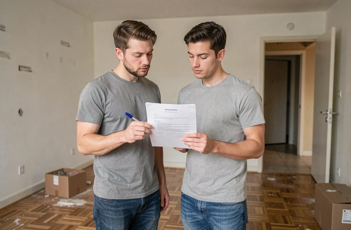Couple relisant un modèle de lettre de résiliation d'assurance habitation dans un appartement vide après déménagement