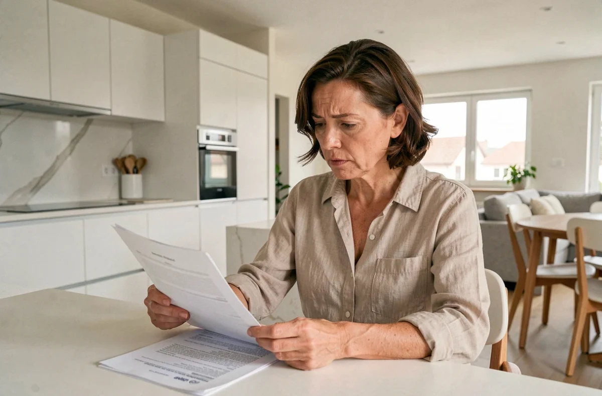 Propriétaire étudiant des documents de déclaration H2 pour cuisine ouverte sur sa table de cuisine moderne