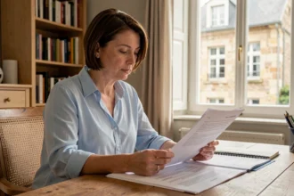 Femme consultant un devis d'assurance habitation à son bureau à Niort