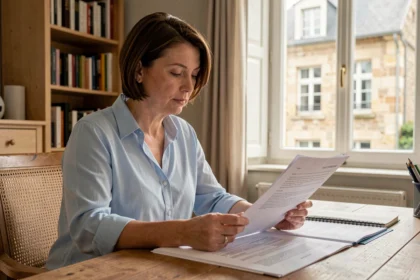 Femme consultant un devis d'assurance habitation à son bureau à Niort