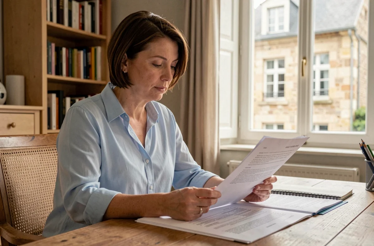 Femme consultant un devis d'assurance habitation à son bureau à Niort
