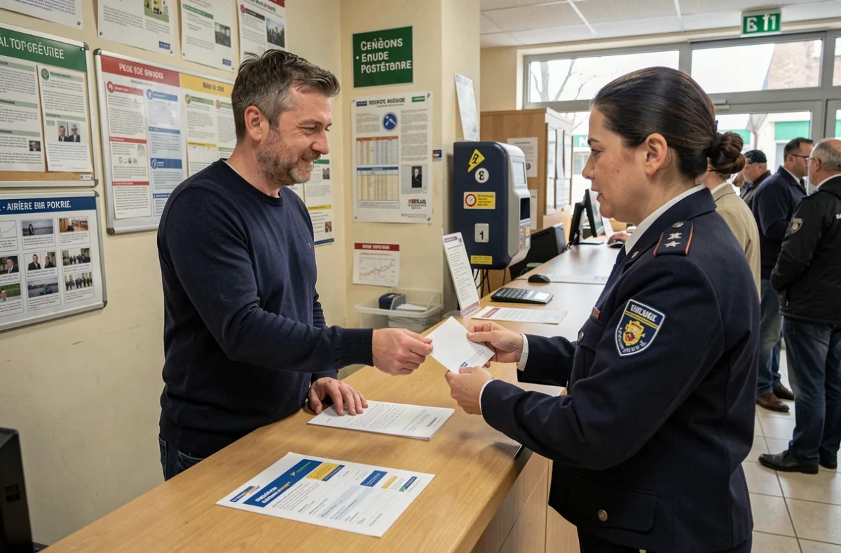 Homme envoyant une lettre recommandée de résiliation d'assurance au guichet d'un bureau de poste