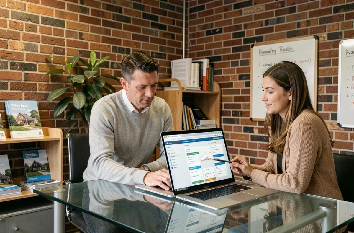Deux agents immobiliers analysant ensemble un logiciel de gestion de biens dans une petite agence moderne