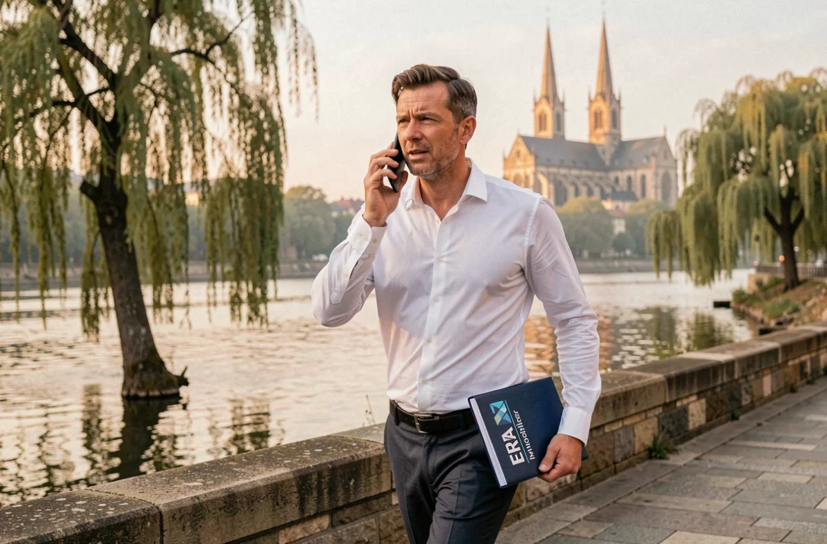 Agent ERA Immobilier Metz marchant sur les quais de la Moselle avec la cathédrale Saint-Étienne en arrière-plan