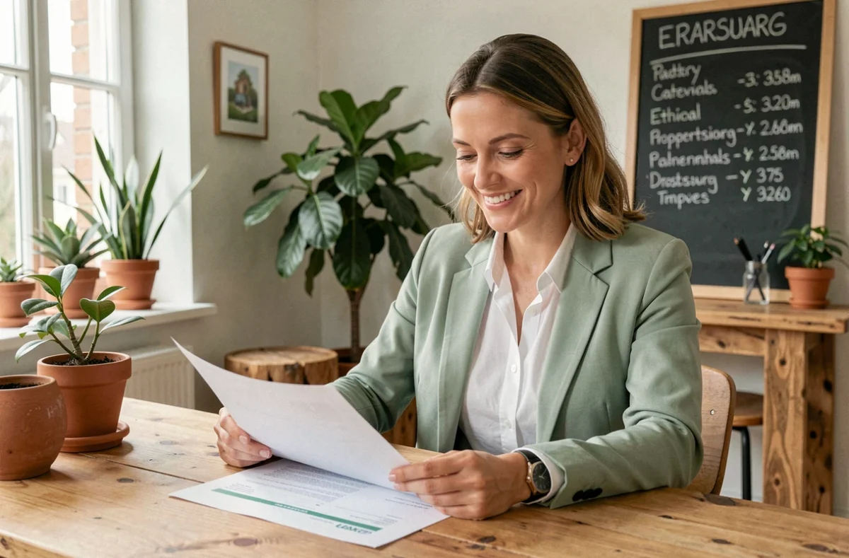 Conseillère immobilière de l'agence Ethiqu'immo à Strasbourg dans un bureau éco-responsable avec mobilier en bois recyclé