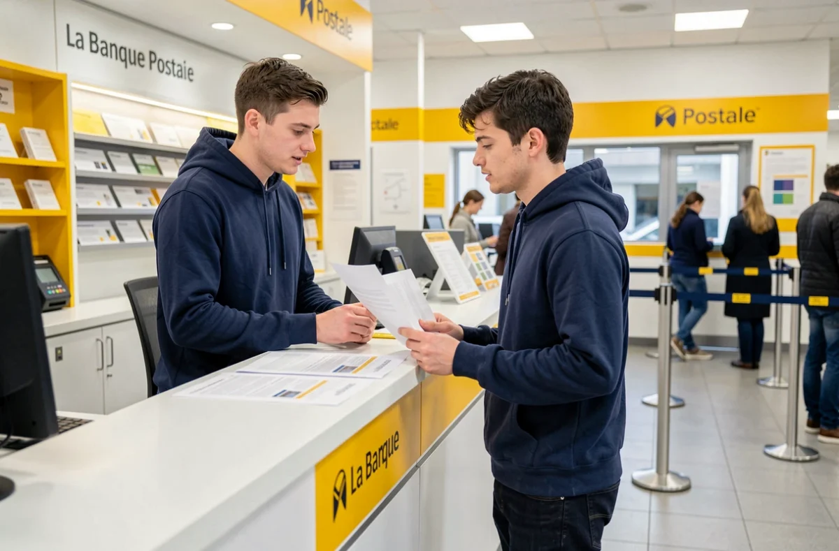 Jeune étudiant en train de souscrire une assurance logement au guichet de La Banque Postale