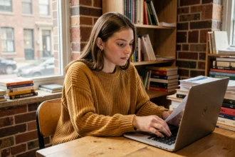 Étudiante consultant une assurance habitation sur son ordinateur portable dans un petit appartement étudiant