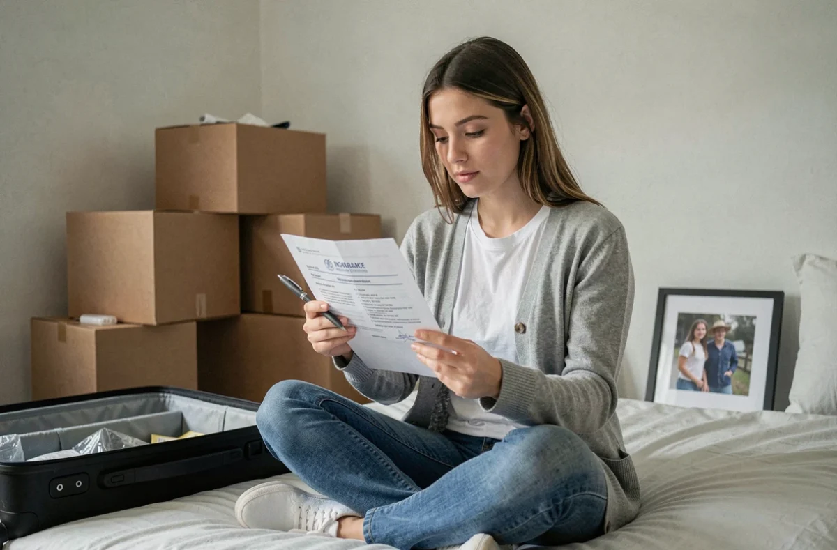 Étudiante lisant son contrat d'assurance habitation entourée de cartons lors de son emménagement
