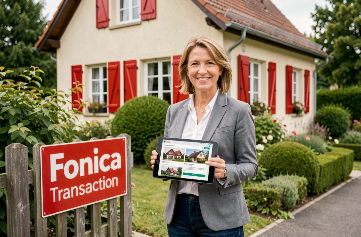 Agente de Foncia Transaction Haguenau devant une maison alsacienne traditionnelle avec volets rouges et jardin fleuri