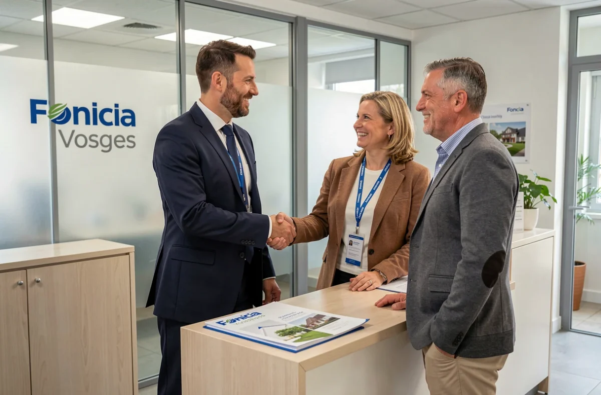 Conseiller Foncia Vosges serrant la main de clients satisfaits dans l'agence immobilière