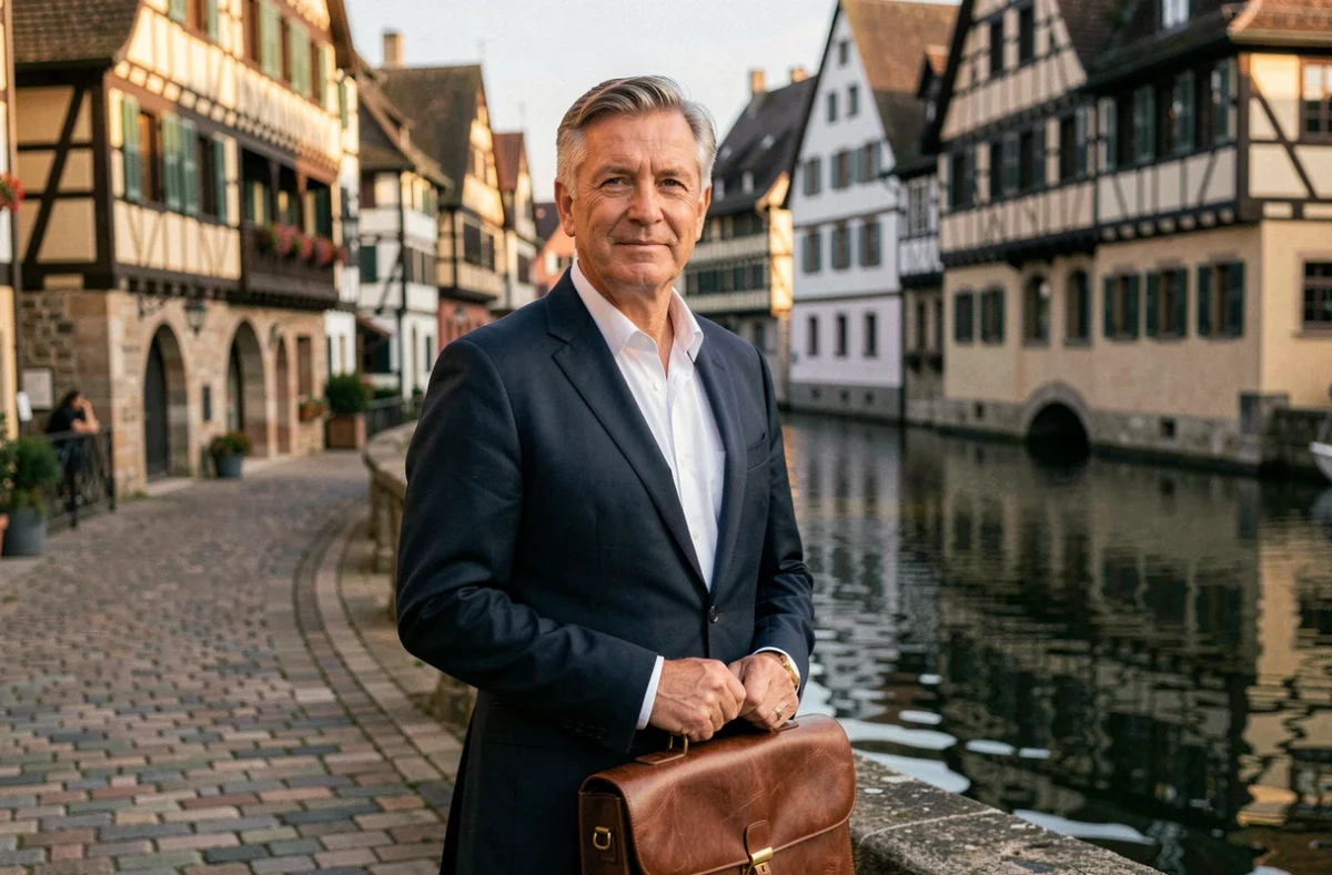 Courtier de Groupimmo Strasbourg devant les maisons à colombages de la Petite France au bord du canal