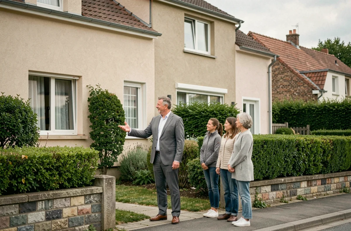 Agent Guy Hoquet Immobilier Metz présentant une maison rénovée à une famille dans un quartier résidentiel
