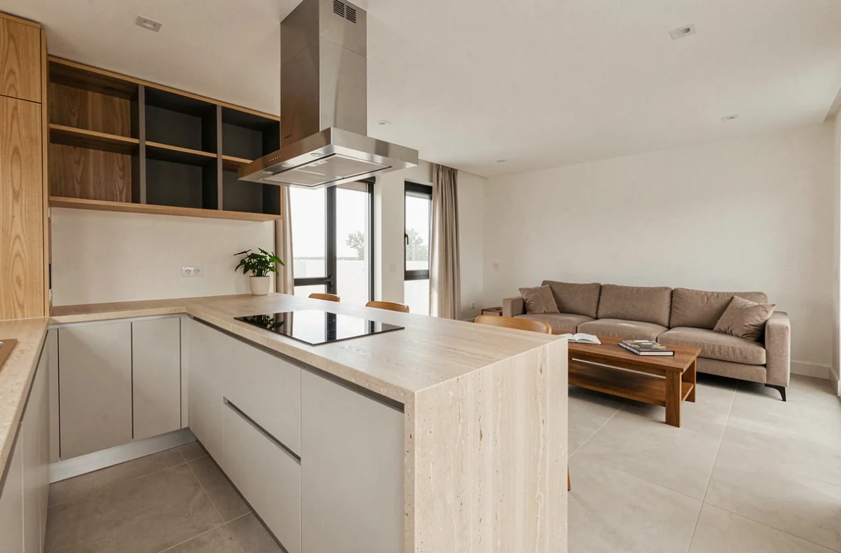 Cuisine ouverte sur salon moderne illustrant le type de logement concerné par la déclaration H2 et la surtaxe