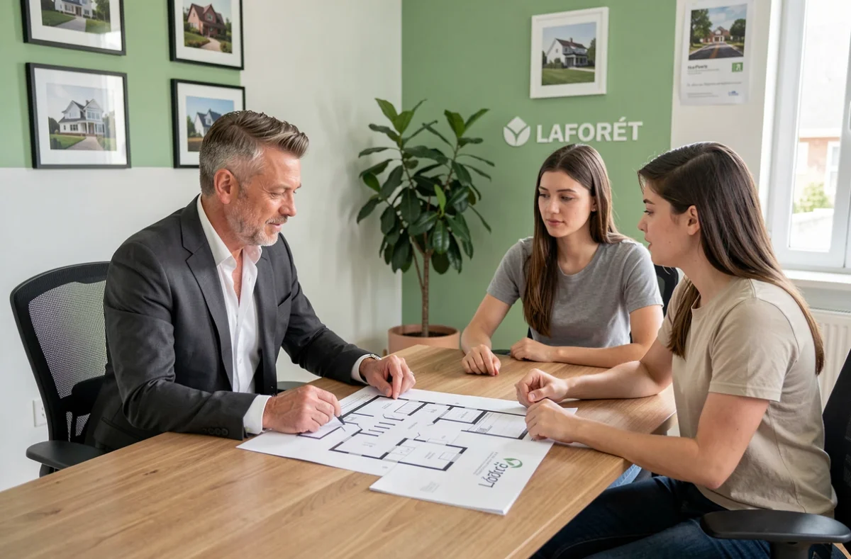 Agent Laforêt Immobilier Metz en consultation avec un couple autour de plans de propriété