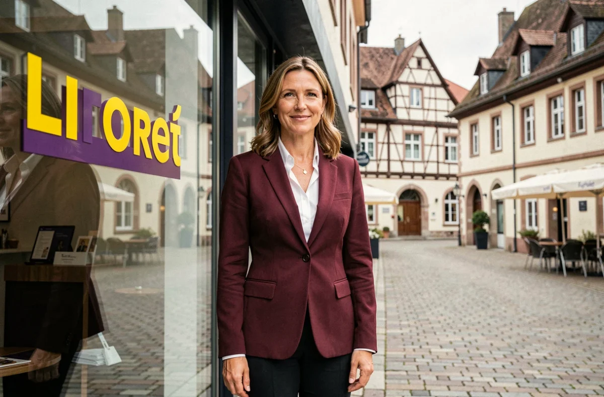 Agente immobilière devant la vitrine de l'agence Laforêt à Neufchâteau dans les Vosges
