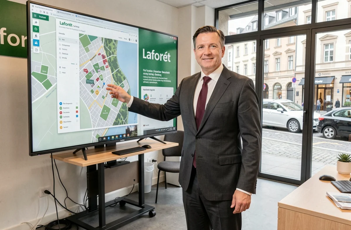 Agent immobilier de l'agence Laforêt Strasbourg devant un écran de carte immobilière dans un bureau moderne brandé