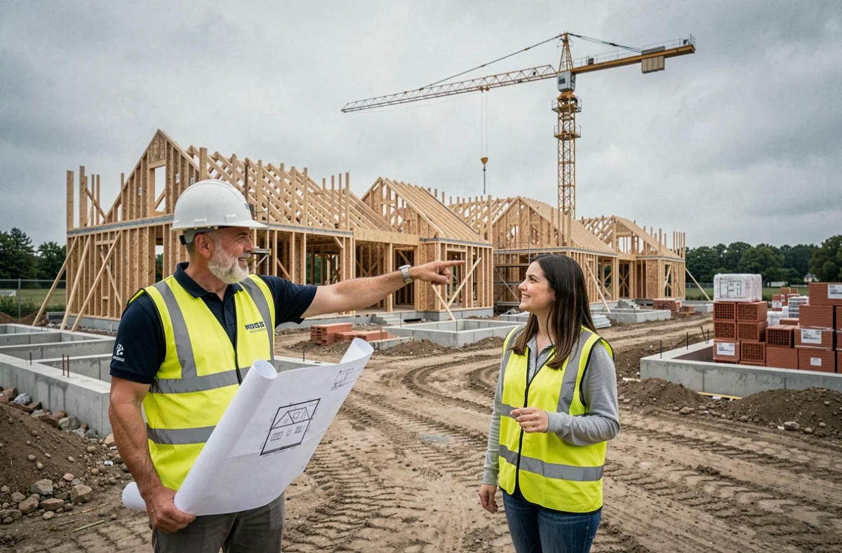 Conseiller Maisons Pierre Moselle présentant un chantier de construction neuve à un couple avec plan architectural