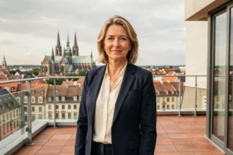 Agente immobilière devant le panorama de Strasbourg illustrant le top 10 des meilleures agences immobilières du Bas-Rhin