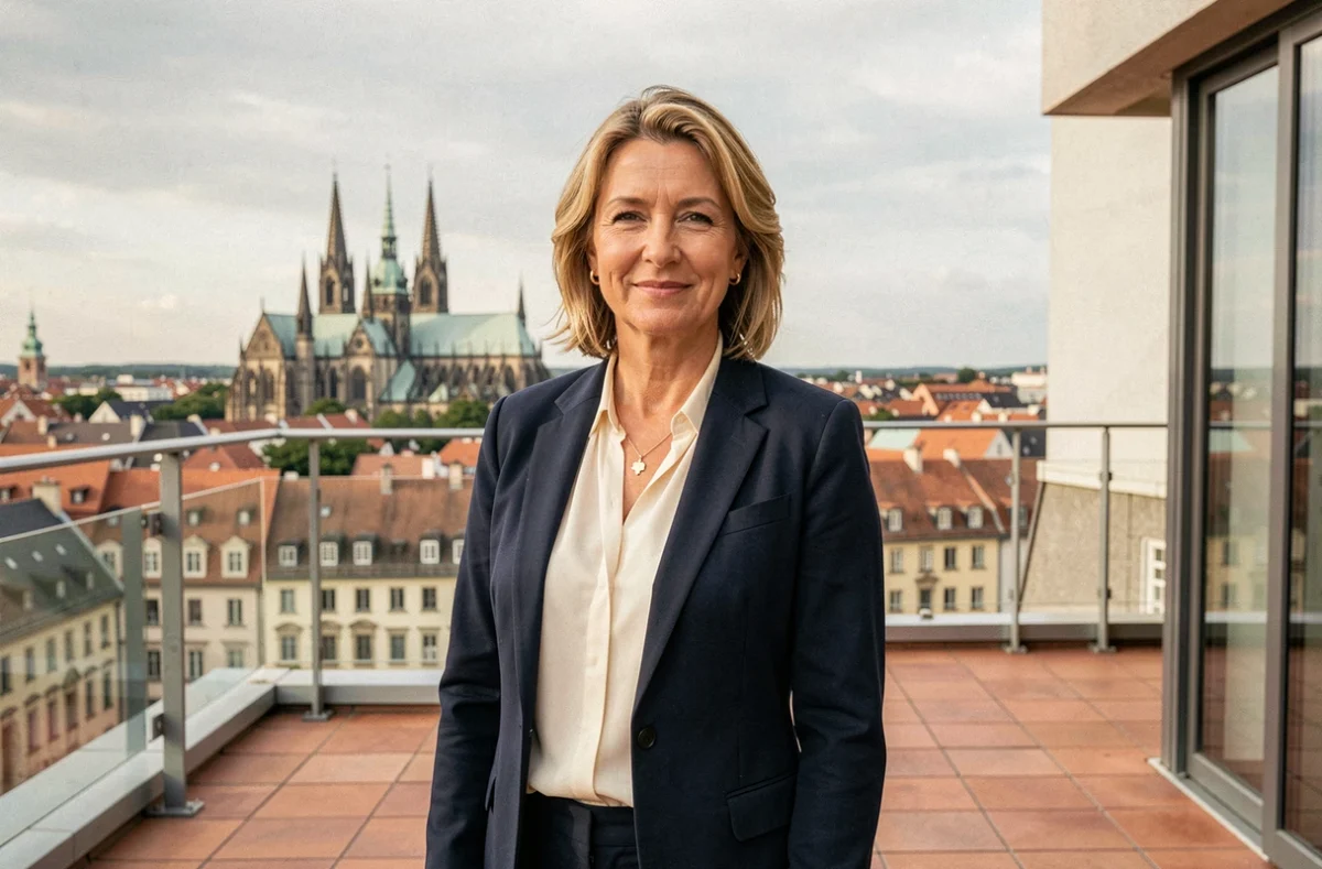 Agente immobilière devant le panorama de Strasbourg illustrant le top 10 des meilleures agences immobilières du Bas-Rhin
