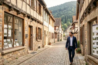 Agent immobilier professionnel marchant dans une rue pittoresque des Vosges avec des annonces immobilières en vitrine