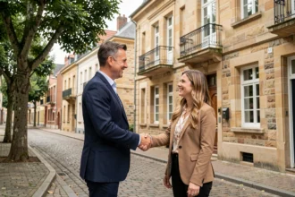 Agent immobilier serrant la main d'un couple devant une maison en pierre typique de la Moselle à Metz