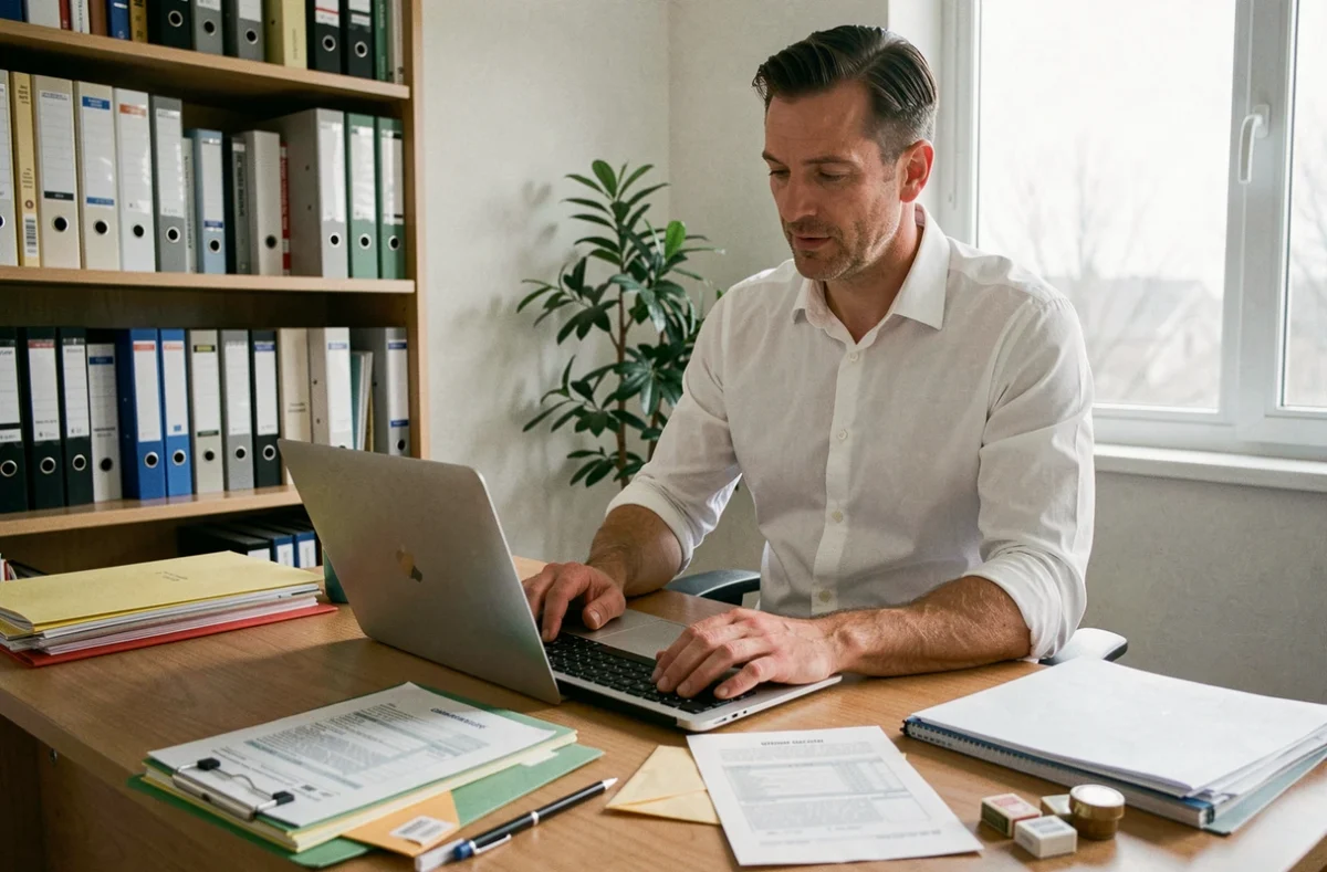 Homme préparant un courrier de résiliation d'assurance habitation depuis son bureau à domicile