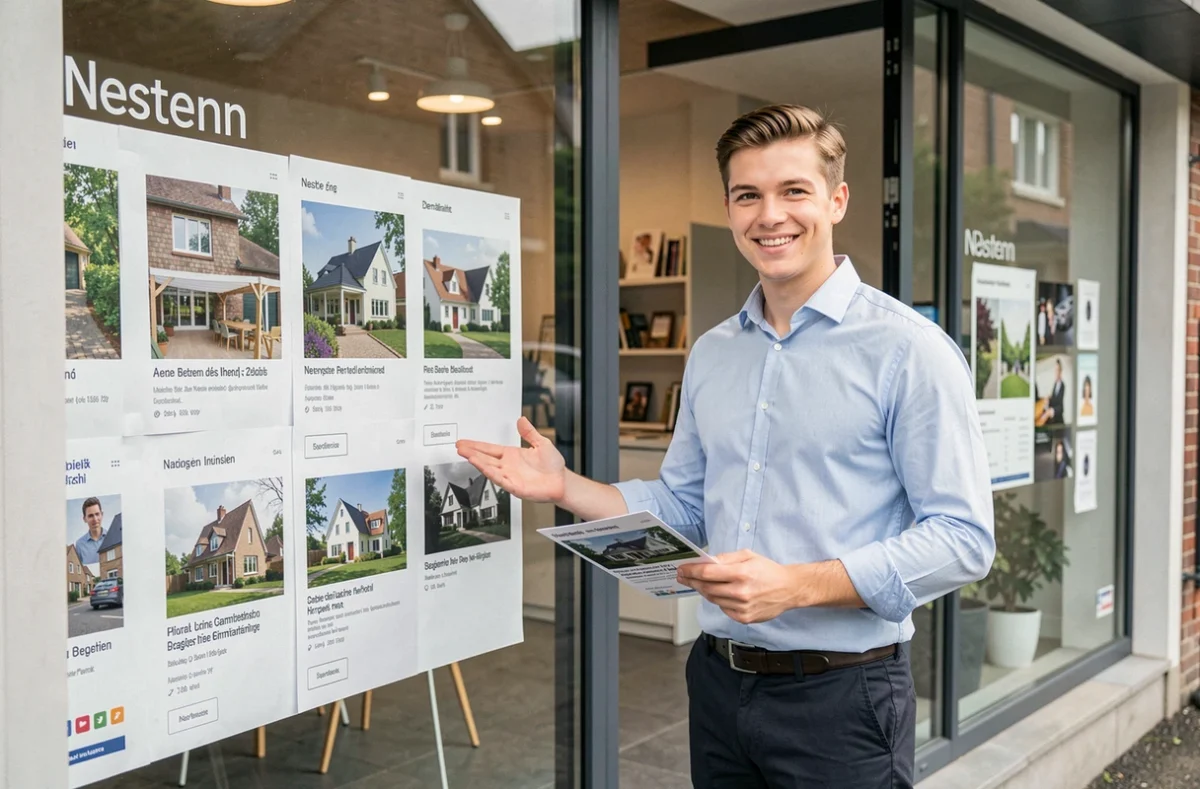 Conseiller de l'agence Nestenn Bas-Rhin devant une vitrine de biens immobiliers dans une agence moderne