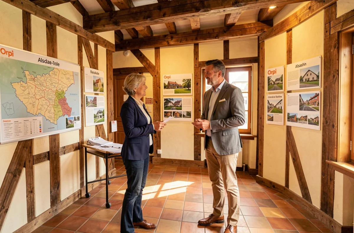 Deux agents immobiliers de l'agence Orpi Bas-Rhin discutant de biens immobiliers dans un bureau avec colombages alsaciens