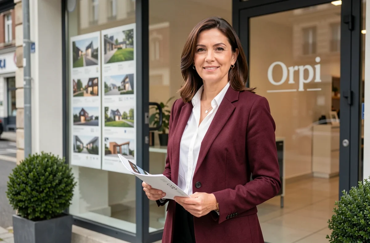 Agente Orpi Metz Jung Immobilier devant la vitrine de l'agence avec des annonces immobilières en devanture