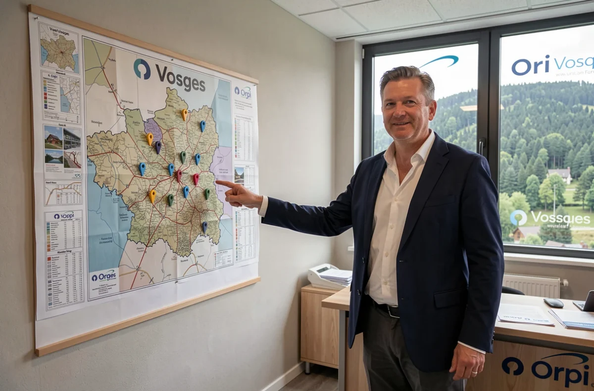 Agent Orpi Vosges pointant une carte régionale des Vosges avec des marqueurs de propriétés dans l'agence