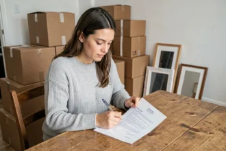 Femme signant une lettre de résiliation d'assurance habitation entourée de cartons de déménagement