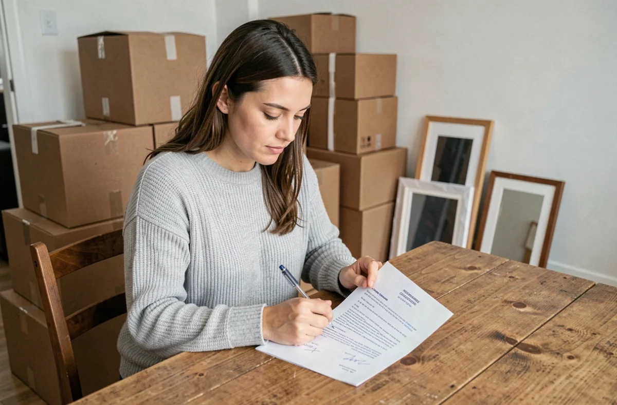 Femme signant une lettre de résiliation d'assurance habitation entourée de cartons de déménagement