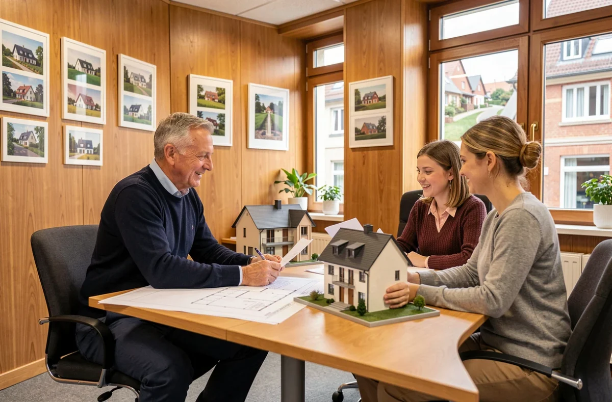 Agent de Salmon Immobilier à Strasbourg en réunion avec une famille autour d'un contrat immobilier et d'une maquette de maison
