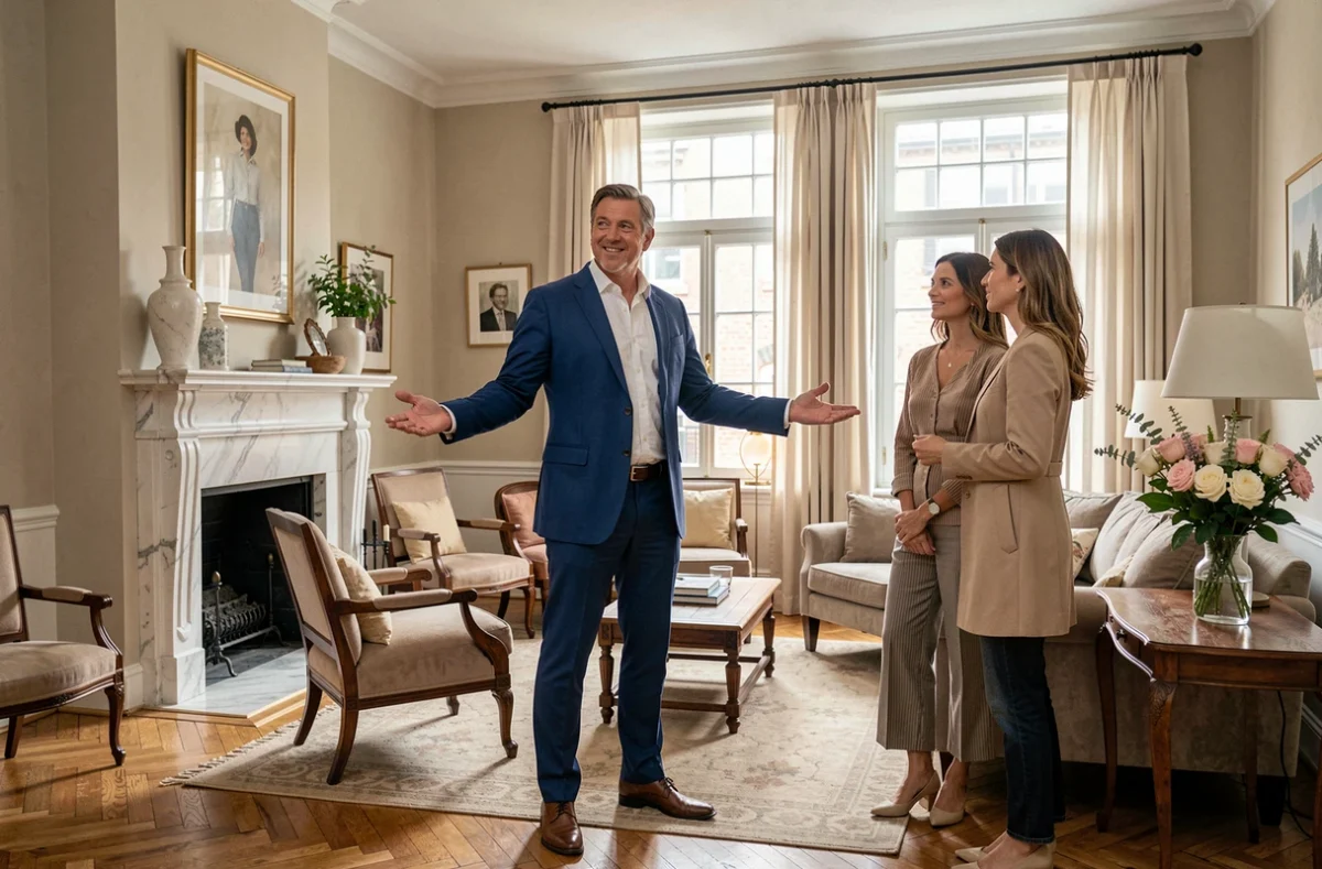 Agent Stéphane Plaza Immobilier Metz accueillant un couple lors d'une visite d'un salon élégamment décoré