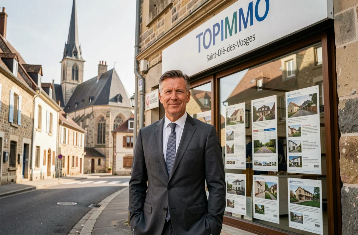 Agent immobilier de TOPIMMO Saint-Dié posant devant la vitrine de l'agence avec des annonces en arrière-plan
