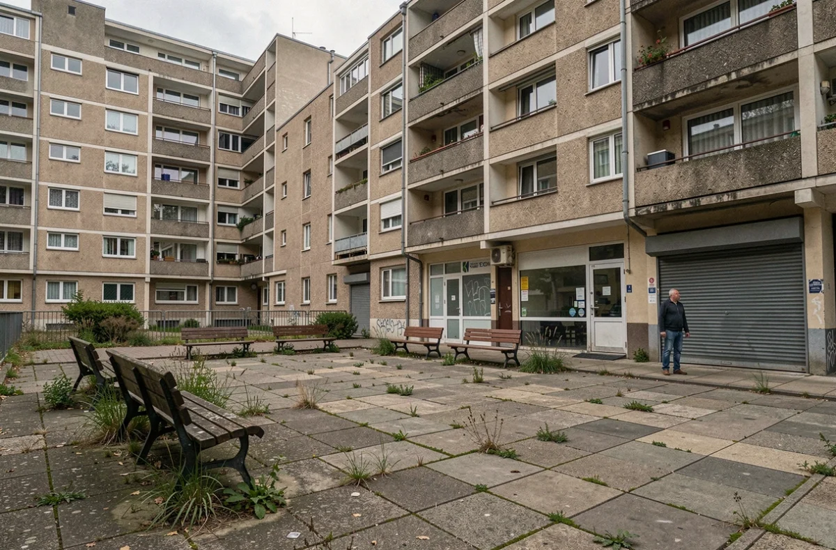Cité HLM et place publique délabrée dans un quartier sensible de Grenoble