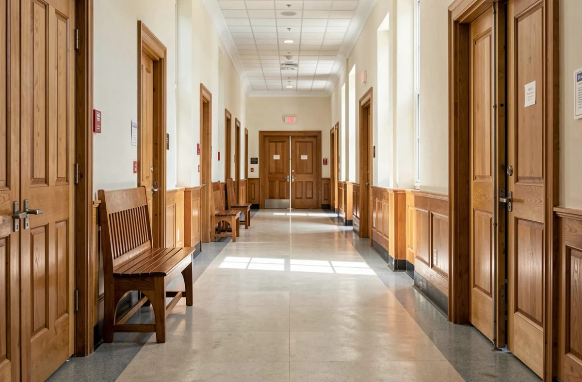 Couloir de tribunal avec bancs et portes en bois