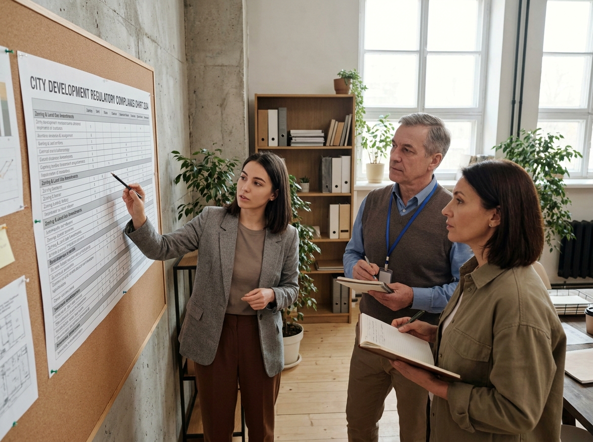 Équipe de professionnels de l'urbanisme collaborant autour d'un tableau de conformité réglementaire