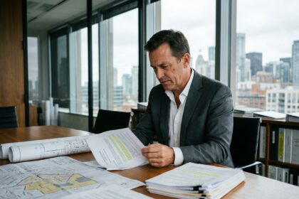 Promoteur immobilier analysant des documents réglementaires et des plans d'urbanisme dans un bureau moderne