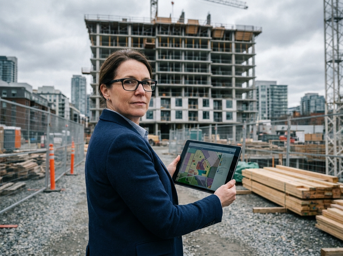 Promotrice immobilière sur un chantier consultant des données réglementaires sur une tablette numérique