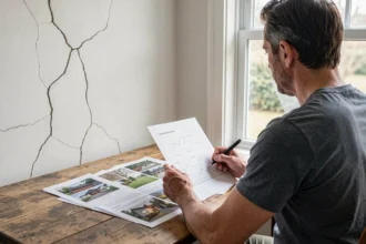 Propriétaire étudiant un dossier d'expertise après un litige immobilier